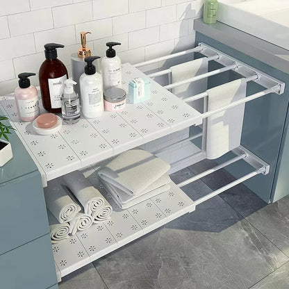Adjustable No-Drill Shelf Organizer -Metal & Plastic Storage Partition for Kitchen or Wardrobe - Versatile Telescopic Organizer