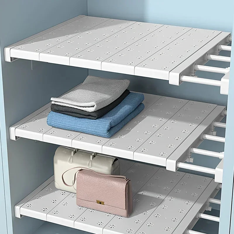 Adjustable No-Drill Shelf Organizer -Metal & Plastic Storage Partition for Kitchen or Wardrobe - Versatile Telescopic Organizer