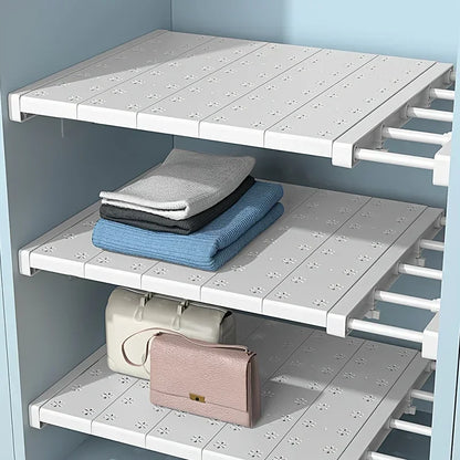Adjustable No-Drill Shelf Organizer -Metal & Plastic Storage Partition for Kitchen or Wardrobe - Versatile Telescopic Organizer