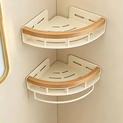 Stainless Steel Corner Shelf Bathroom, Screw Mounted Shower Caddy, Cream White Wood Grain Rustic Organizer Rack