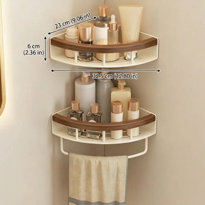 Stainless Steel Corner Shelf Bathroom, Screw Mounted Shower Caddy, Cream White Wood Grain Rustic Organizer Rack