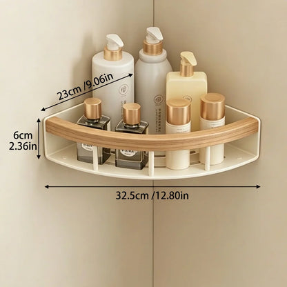 Stainless Steel Corner Shelf Bathroom, Screw Mounted Shower Caddy, Cream White Wood Grain Rustic Organizer Rack