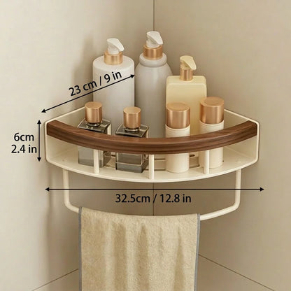 Stainless Steel Corner Shelf Bathroom, Screw Mounted Shower Caddy, Cream White Wood Grain Rustic Organizer Rack