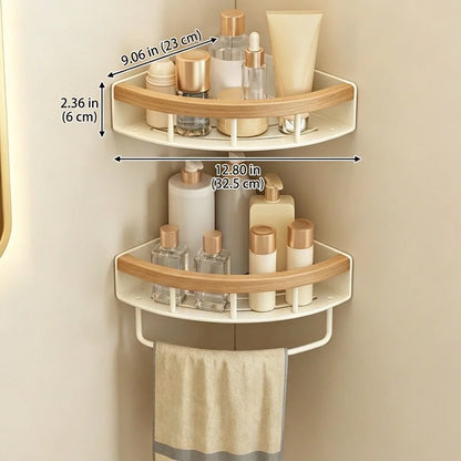 Stainless Steel Corner Shelf Bathroom, Screw Mounted Shower Caddy, Cream White Wood Grain Rustic Organizer Rack
