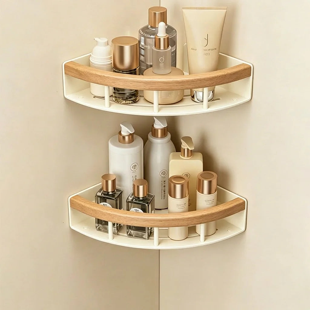 Stainless Steel Corner Shelf Bathroom, Screw Mounted Shower Caddy, Cream White Wood Grain Rustic Organizer Rack