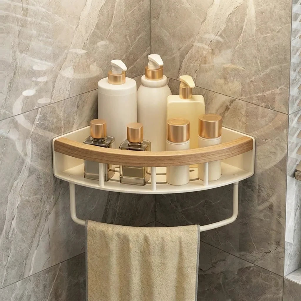 Stainless Steel Corner Shelf Bathroom, Screw Mounted Shower Caddy, Cream White Wood Grain Rustic Organizer Rack