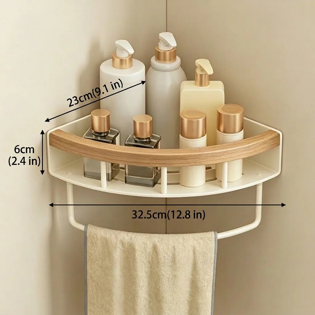 Stainless Steel Corner Shelf Bathroom, Screw Mounted Shower Caddy, Cream White Wood Grain Rustic Organizer Rack