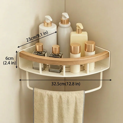 Stainless Steel Corner Shelf Bathroom, Screw Mounted Shower Caddy, Cream White Wood Grain Rustic Organizer Rack