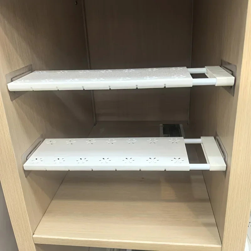 Adjustable No-Drill Shelf Organizer -Metal & Plastic Storage Partition for Kitchen or Wardrobe - Versatile Telescopic Organizer