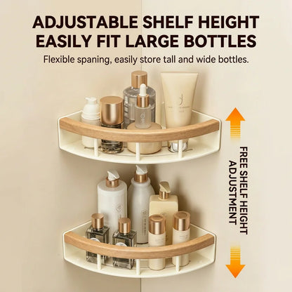Stainless Steel Corner Shelf Bathroom, Screw Mounted Shower Caddy, Cream White Wood Grain Rustic Organizer Rack