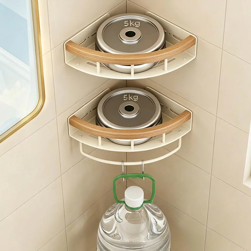 Stainless Steel Corner Shelf Bathroom, Screw Mounted Shower Caddy, Cream White Wood Grain Rustic Organizer Rack